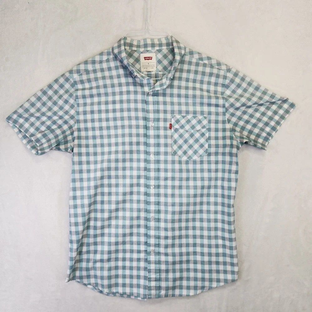 Levis Mens Short Sleeve Button Down Shirt Teal White Gingham Plaid‎ Size M